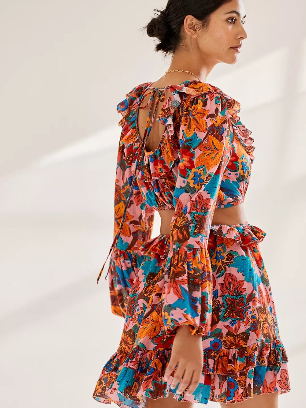 Tie-Front Floral Cutout Mini Dress in Pink & Teal - Picture 2 of 2